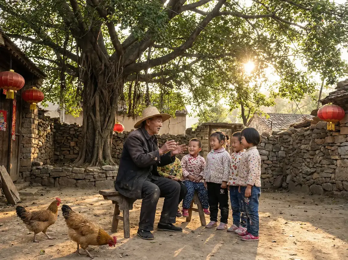 老人在大榕树下给孩子们讲故事 - 在哪里可以看一路向西 乡村记忆